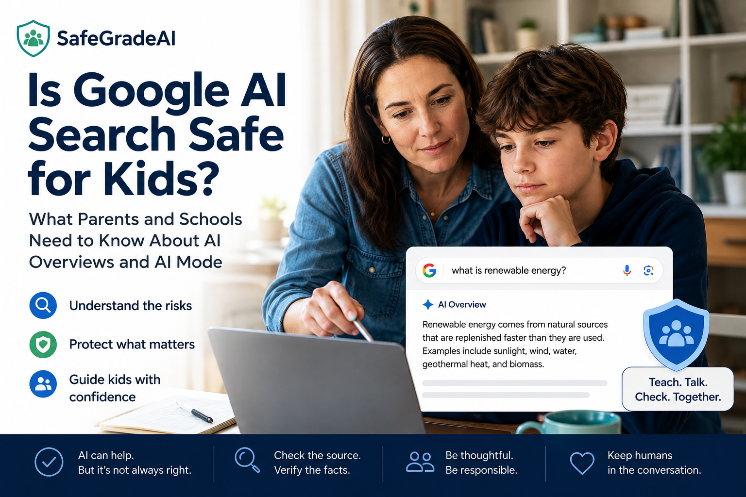 A parent and child looking at a Google AI Overview together on a laptop — SafeGradeAI guide to whether Google AI Search is safe for kids