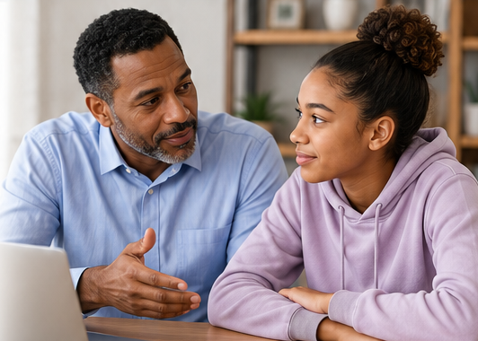 Father talking with his teenage daughter about using ChatGPT safely