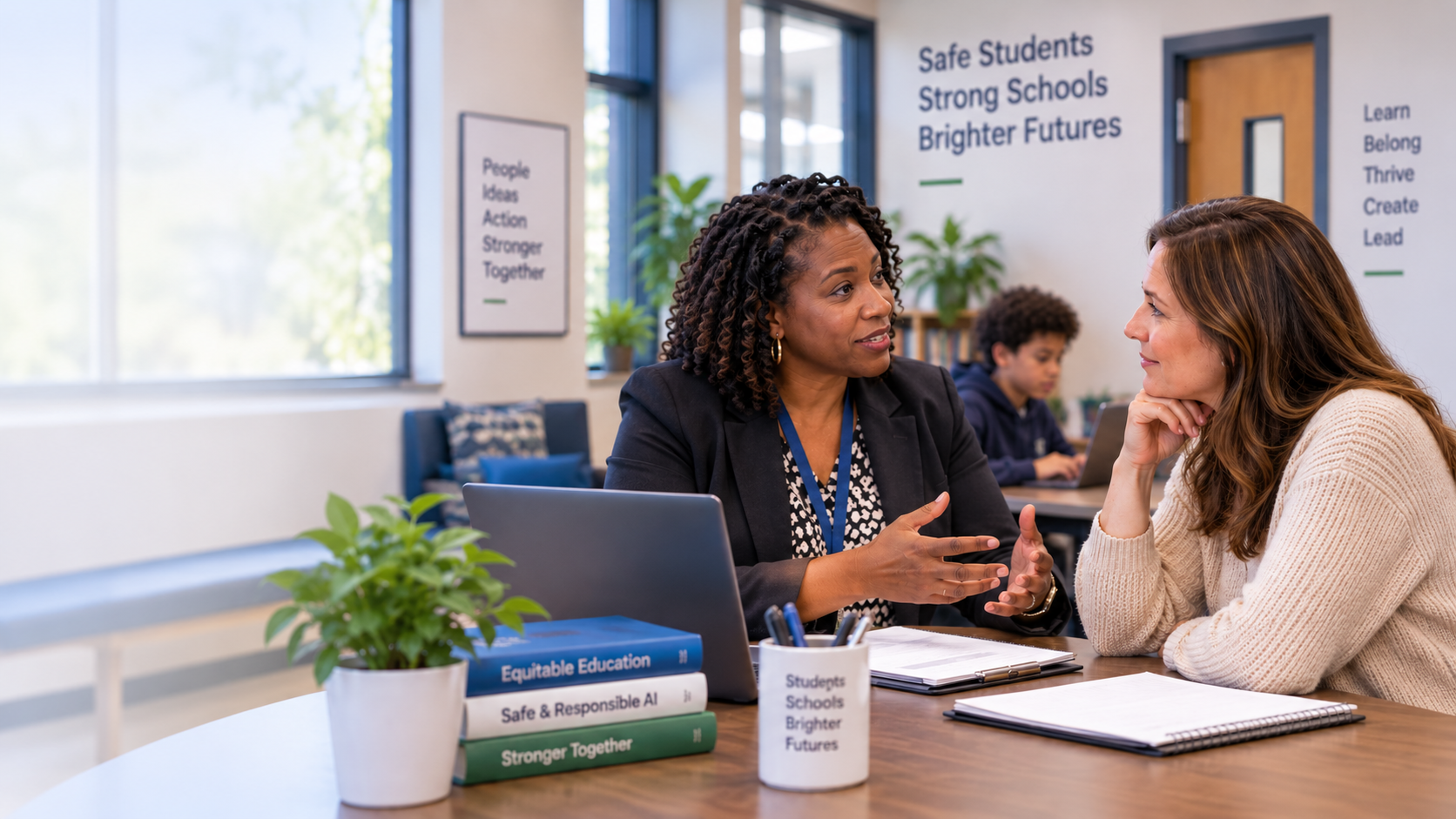School administrator talking with a parent about student AI use while a student works nearby