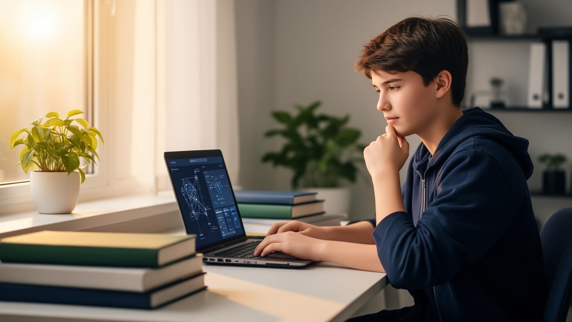 Teen evaluating an AI tool on a laptop in a calm study space