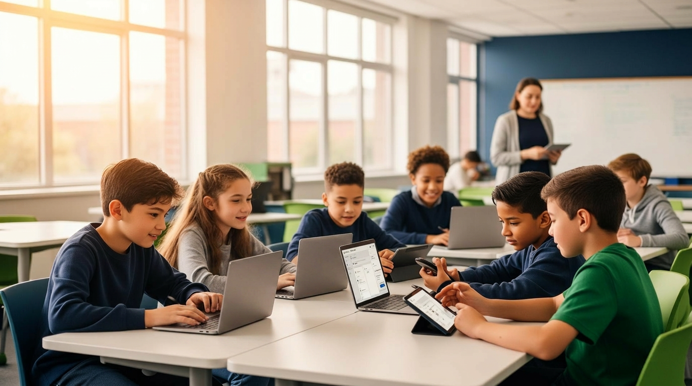 Modern K-12 classroom with students collaborating on laptops and tablets
